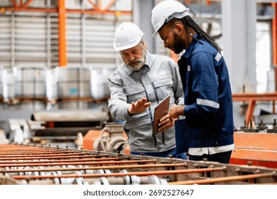 Two Men Working Together Checking Industrial Conveyor System. Senior Engineer or Industrial Technician Supervisor Guiding Junior Worker, Transferring Knowledge with Technology Tablet.