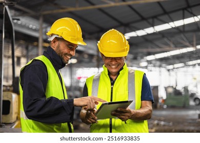 Two men in yellow safety vests are looking at a tablet. One of them is smiling. Scene is positive and friendly - Powered by Shutterstock