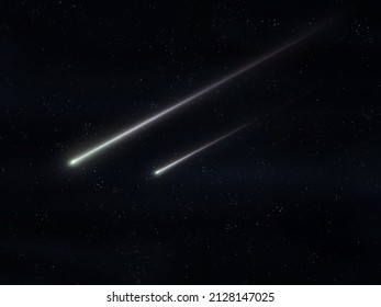 Two meteorites fly in the night sky. Bright meteors glow in the atmosphere. Beautiful shooting stars.  - Shutterstock ID 2128147025