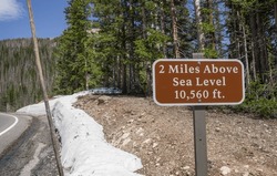 Two Miles High In Colorado:  Above 10,000 Feet Some Snow Still Remains In June Along A Colorado Mountain Road, But There Is Far Less Than The Winter Levels Anticipated By A Roadside Marker Pole.
