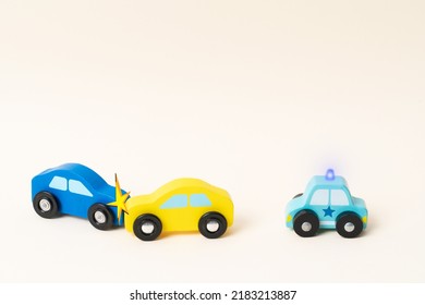 Two Mini Toy Car Crash With Ambulance And Police Car. Toy Car Traffic, Serious Accident.