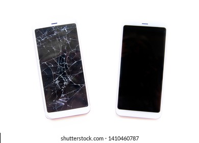 Two mobile smartphones with broken and fixed glass touch screen isolated on white. Service, repair and technology concept. top view, copyspace fo text.
