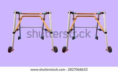 Two mobility walkers designed for individuals with physical challenges, isolated against a solid purple background.