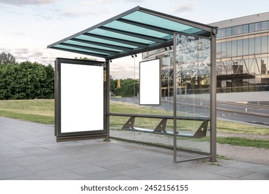 Two Mockups Of Bus Stop Advertising Billboards. Blank Outdoor Poster Layout On A City Street