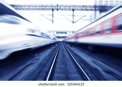 Two Modern High Speed Train With Motion Blur