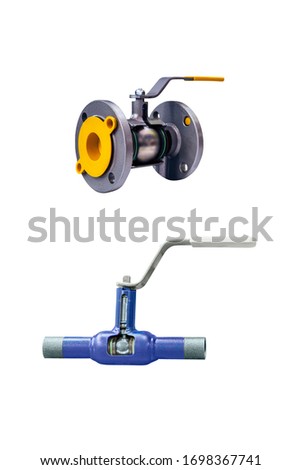 two modern shut-off valves with automatic control for gas pipeline isolated on a white background. Transverse section