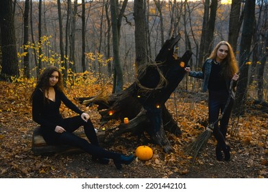 Two Modern Witches On A Halloween Holiday In The Forest. Inspiration In The Autumn Forest.