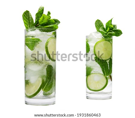 two Mojito summer refreshing cocktail with ice and mint