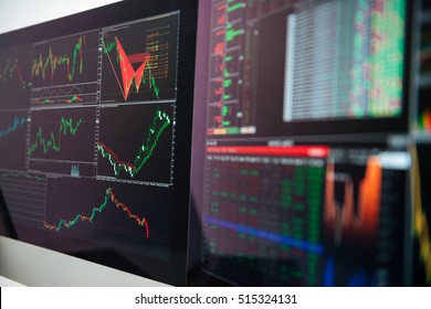 Two Monitors Of Computers With Charts And Graphs In Office