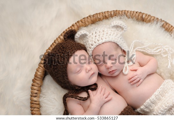 生後2ヶ月の男の子と女の子の双子の赤ちゃん 彼らは 協調し かぎを作り 熊のボンネットを着た籠の中で一緒に眠っている の写真素材 今すぐ編集