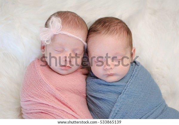 Two\
month old, fraternal twin, brother and sister babies swaddled in\
pink and blue wraps and sleeping on a sheepskin\
rug.