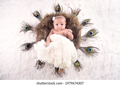 Two months baby lying on fur blanket decorated with peacock feathers.