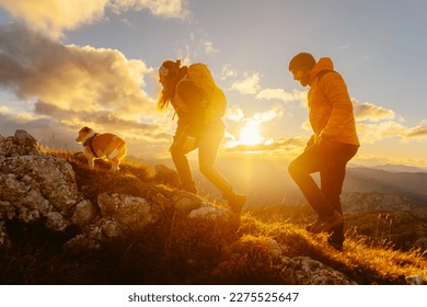 Two mountaineers against the light, in silhouette, with the sun in the background, ascending a mountain peak with their dog at sunset. Traveling with a pet. Sport and physical activity outdoors. 