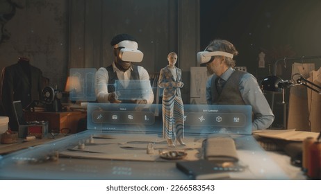 Two multi ethnic tailors in VR headsets in atelier. 3D female hologram of garment pattern. Virtual interface menu of program for designing and modeling clothes. Concept of AR modern technologies. - Powered by Shutterstock