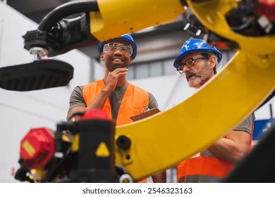 Two multiracial engineers wearing safety vests and hard hats are discussing and analyzing a robotic arm in a factory setting, showcasing teamwork and innovation in industrial automation - Powered by Shutterstock