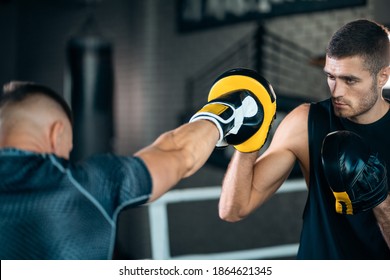 Two Muscle Boxers Sport Man Training And Fighting On Boxing Ring At Gym