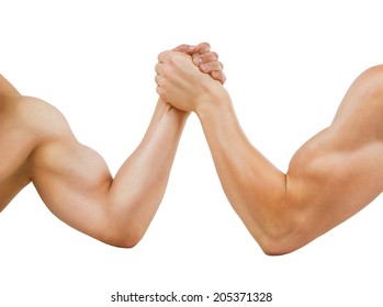 Two Muscular Hands Clasped Arm Wrestling, Isolated On White  