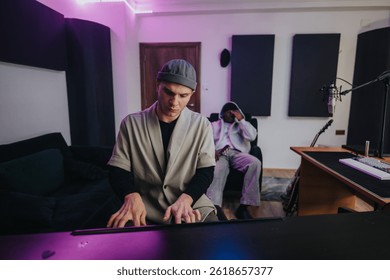 Two musicians collaborating in a studio setting, blending talents to produce creative music. The environment is equipped with modern instruments, highlighting a multicultural harmony.