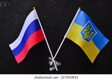 Two National Flags Russian And Ukrainian 2022 War Concept