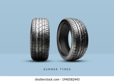 two new summer tires on a blue background. The inscription summer tyres.