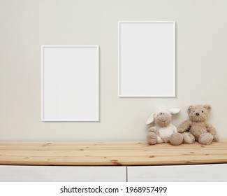 Two Nursery Frames Mockup, 2 Blank Frames Hanging On Wall In Baby Room, Soft Toy Bear And Wooden Blocks On Shelf.