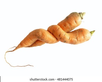 Two Odd Shaped Carrots Isolated On White Background (clipping Path Included)