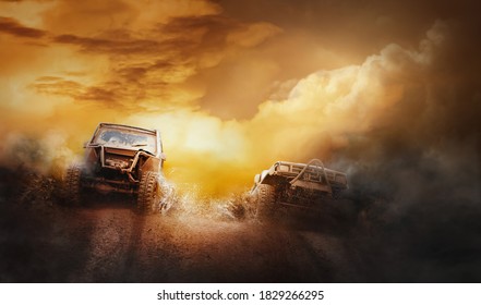 Two off road vehicles coming out of a mud hole hazard in off-road  competition. - Shutterstock ID 1829266295