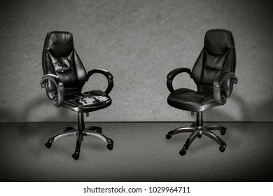 Two Office Chairs, New And Old Shabby On A Gray Background,