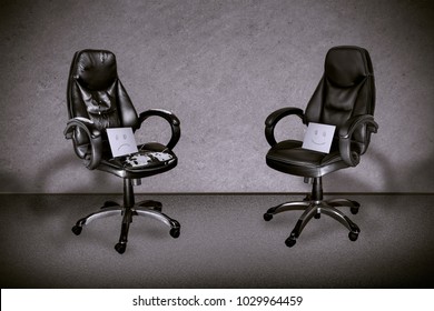 Two Office Chairs, One Old, Shabby And With A Sad Smile, Another New With A Happy Smile, Background Image