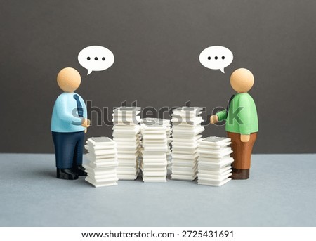 Two office workers are having difficulty communicating due to formalities and bureaucracy. Excessive rules, slow processes and barriers to collaboration harming teamwork and decision making