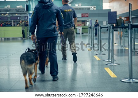 Two officers with detection dogs strolling down airport terminal hall