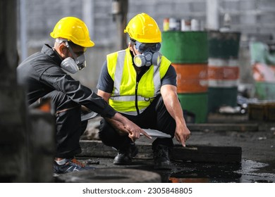 Two officers wearing gas masks inspected the area of a chemical leak in an industrial warehouse to assess the damage. Technicians wearing gas masks inspect and assess the recovery of toxic spills.