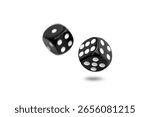 Two old black dice float from roll isolated on white background.