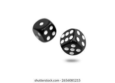 Two old black dice float from roll isolated on white background.