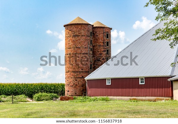 Two Old Brick Silos Stand Next Stock Photo Edit Now 1156837918