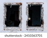 Two Old Broken Destroyed Windows in Abandoned Old Building Isolated on White. Pieces of Bricks and Wires Sticking Out. 