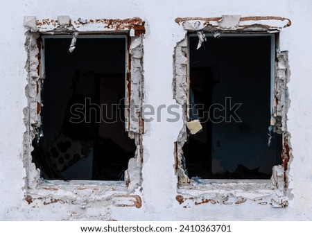 Two Old Broken Destroyed Windows in Abandoned Old Building Isolated on White. Pieces of Bricks and Wires Sticking Out. 
