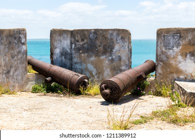 Two Old Cannons Of Fort San Sebastian Guard Mozambique Island (Sao Sebastiao, São Sebastião, Ilha De Mocambique), Indian Ocean Coast, Mozambique. Mossuril Bay, Nampula. Portuguese East Africa