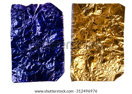 Two old crumpled pieces of aluminum foil isolated on white background