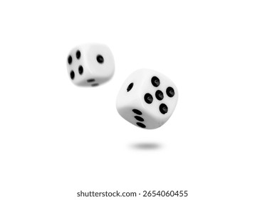 Two old dice float from roll isolated on white background.