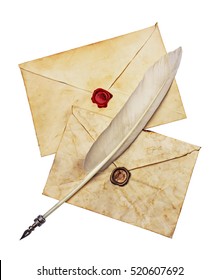 Two old envelopes with red and brown seal wax and feather pen isolated on white
