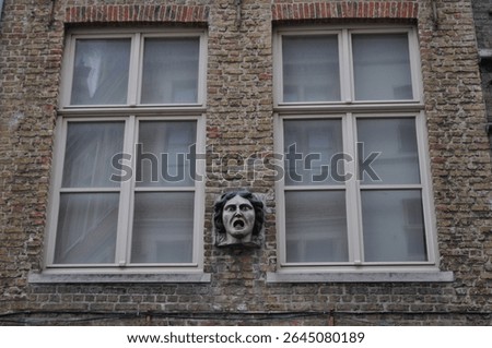 two old european window frames with a head statue on the wall inbetween