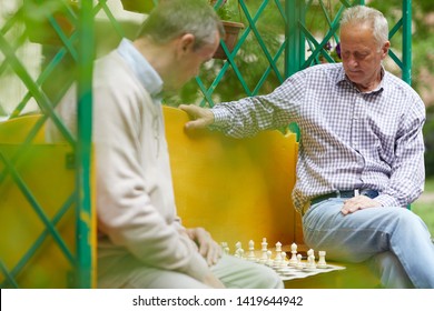 Two Old Friends Playing Chess Outside Sitting On Yellow Bench In Middle Of Green Blooming Park