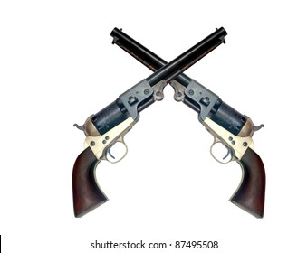 two old metal colt revolver on white background