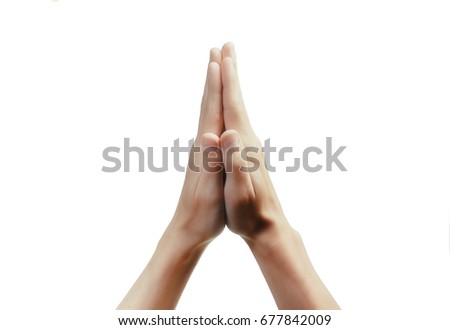 Two old palm are clasped all together over whte background. Praying woman woth her hand clasped.