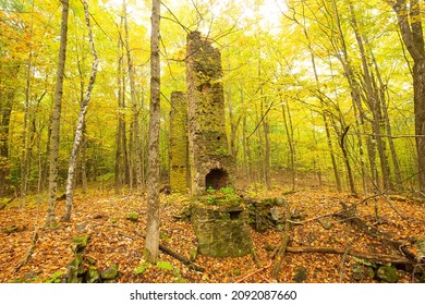 Two Old Relic Chimneys, In The Colorful Autumn Woods Near Morey Pond In Wilmot, New Hamshire.