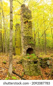 Two Old Relic Chimneys, In The Colorful Autumn Woods Near Morey Pond In Wilmot, New Hamshire.