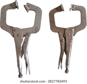 Two Old Rusty Locking C-Clamp Pliers Isolated on White Background