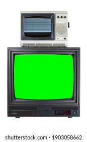 Two Old Vintage TVs With A Green Screen For Adding Video, Isolated On A White Background.