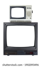 Two old vintage TVs with a white screen for adding videos and photos isolated on a white background.